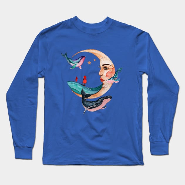 Ocean Moon and whales Long Sleeve T-Shirt by TatianaBS